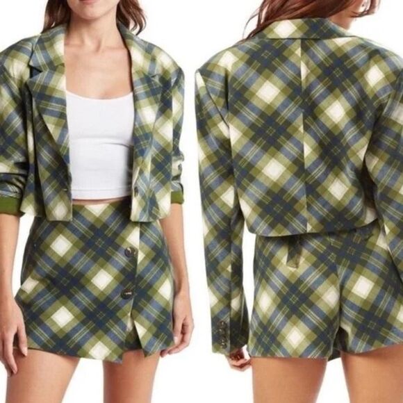 NWT WeWoreWhat Cropped Blazer in vintage plaid Green multi.  Size S - Picture 1 of 10